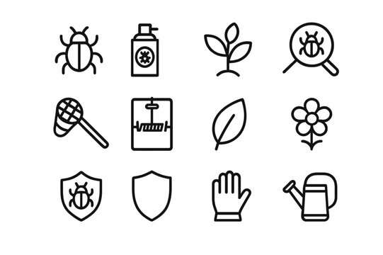 Pest Control Icons. Pest control. Line icon set of pest control: insect, pesticide spray, plant, magnifying glass, net, trap, leaf, flower, bug, shield, glove,