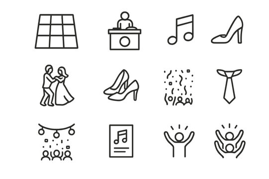 Wedding Dance Icons. Reception dance floor. Line icon set of reception dance floor: light-up tiles, DJ booth, music note symbol, dancing couple, bride?s shoes,