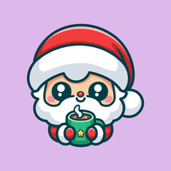 Cute Christmas Santa Claus With Coffee Cartoon Vector Art, Illustration and Graphic