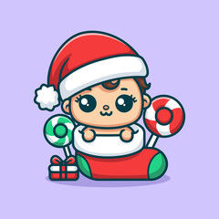 Cute Christmas Baby With Candy And Socks Cartoon Vector Art, Illustration and Graphic