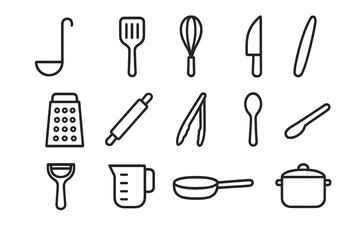 Minimalist Cooking Icons. Cooking utensils. Line icon set of cooking utensils: ladle, spatula, whisk, knife, grater, rolling pin, tongs, spoon, peeler,