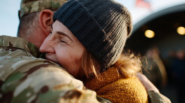 Woman soldier hugging civilian at airport. - Powered by Adobe