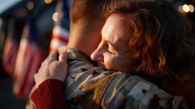 Woman soldier hugging fellow soldier at night during outdoor celebration.