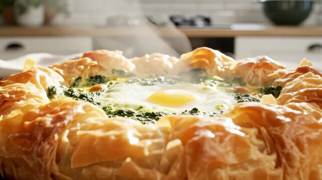 Serving Hot Spinach Pie With Egg and Phyllo Pastry Crust