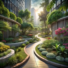 Serene winding garden path among modern buildings in a green city