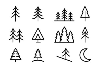Obraz premium Pine Silhouette Icons. Pine silhouettes. Line icon set of pine silhouettes: tall pine, wide pine, forest edge, single tree, double trees, triangle shape,