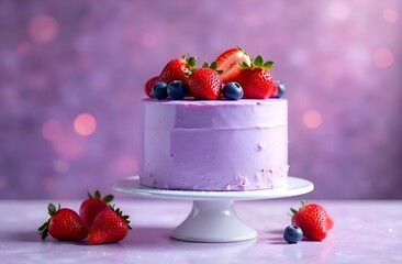 Close-up of berry cake on a stand with fresh strawberry raspberry and blueberry pieces on a purple background