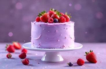 Close-up of berry cake on a stand with fresh strawberry raspberry and blueberry pieces on a purple background