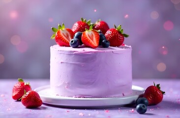 Close-up of berry cake on a stand with fresh strawberry and blueberry pieces on a purple background