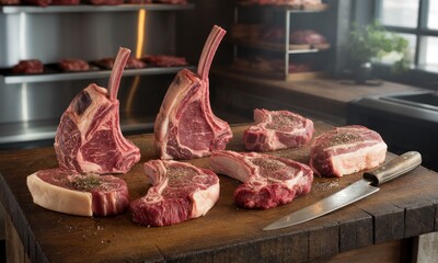 Raw steak cuts on butcher block