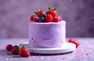 Close-up of berry cake on a stand with fresh strawberry raspberry and blueberry pieces on a purple background
