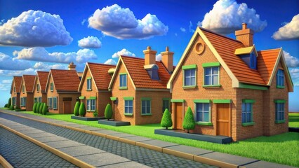 Row of charming animated houses with green lawns under blue sky