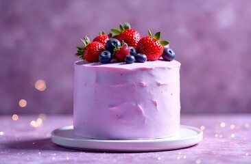 Close-up of berry cake on a stand with fresh strawberry and blueberry pieces on a purple background