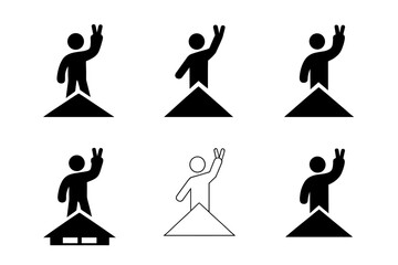 Rooftop Activist Logos. Activist on rooftop. Icon set. Set Logo of activist on rooftop: Figure raising peace sign on roof. harmonious logo variations of the