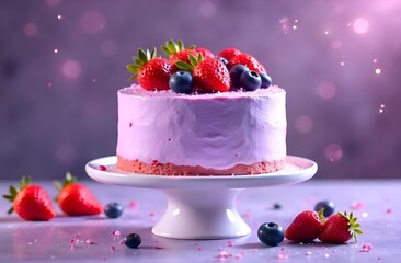 Close-up of berry cake on a stand with fresh strawberry and blueberry pieces on a purple background