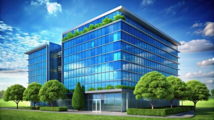 Modern corporate office building exterior with blue glass facade.