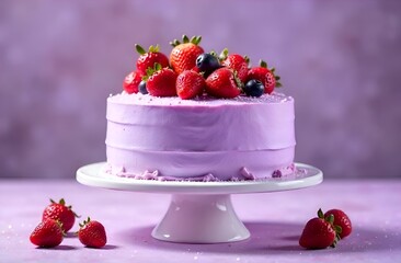 Close-up of berry cake on a stand with fresh strawberry and blueberry pieces on a purple background