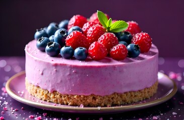 Close-up of dessert cake on table with fresh strawberry and blueberry slices on purple background
