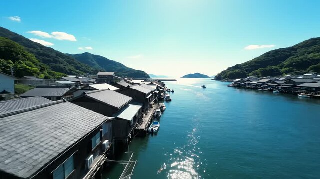 Aerial View of Ine Boathouses and Fishing Village on the Sea of Japan, Kyoto