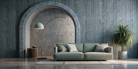 Contemporary living room interior with arch, sofa, green plant