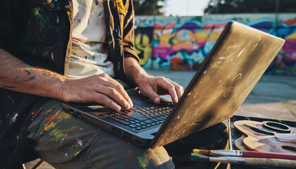 Creative professional working on laptop outdoors. Artist with paintsplattered clothing embodies the fusion of art  technology, ideal for modern work concepts.