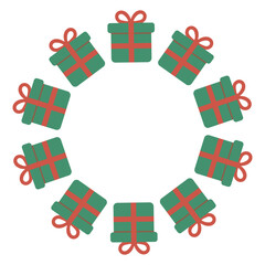 Vector Christmas wreath made of wrapped gift boxes with red ribbons. Festive flat design suitable for holiday cards, seasonal decoration and winter graphics.