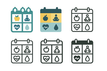 Wellness Plan Logos. Personalized wellness plans. Icon set. Set Logo of personalized wellness plans: Calendar with wellness icons. harmonious logo variations