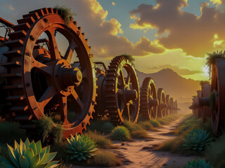 Large Steampunk gears abandoned in the desert