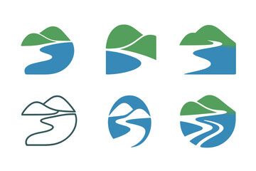 Obraz premium Nature Relaxation Logos. Nature relaxation. Icon set. Set Logo of nature relaxation: Flowing river. harmonious logo variations of the same emblematic concept,