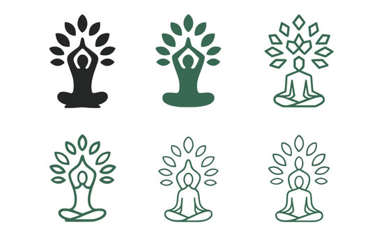 Nature Wellness Logos. Nature-based wellness tourism. Icon set. Set Logo of wellness tourism: yoga pose under tree. harmonious logo variations of the same