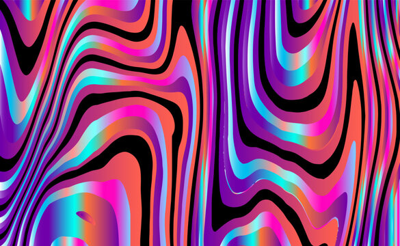 Hypnotic psychedelic vector background with thick black outlines separating flowing neon waves in electric pink, purple, cyan gradients. Melting liquid swirl abstraction. Rave visuals, acid graphics.