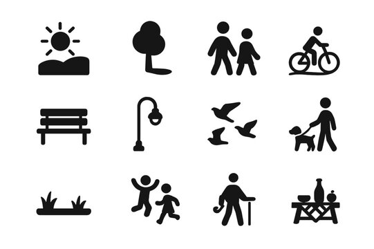 Outdoor Icon Collection. Outdoor scenes. Solid icon set of Outdoor scenes: sun over hill, tree with shadow, blue sky, people walking, bike path, park bench,