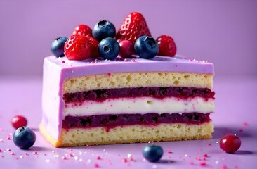 A piece of sponge berry cake close-up on a table with fresh strawberry and blueberry pieces on a purple background