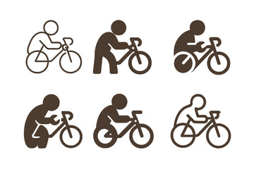 Obraz premium Bicycle Repair Logos. Fixing a bicycle. Icon set. Set Logo of fixing a bicycle: Mechanic tightening a bolt on bike. harmonious logo variations of the same