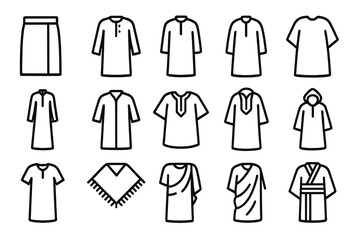 Ethnic Garments Icons. Ethnic garments. Line icon set of ethnic garments: sarong, kurta, thobe, boubou, ao dai, chapan, dashiki, jellaba, tunic, poncho, toga,