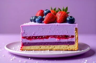 A piece of sponge berry cake on a plate close-up with fresh strawberry and blueberry pieces on a purple background