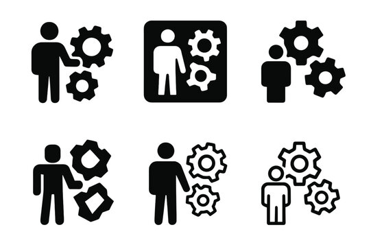 Workplace Hazard Icons. Workplace hazards. Icon set. Set Logo of workplace hazards: Worker near machinery gears. harmonious logo variations of the same