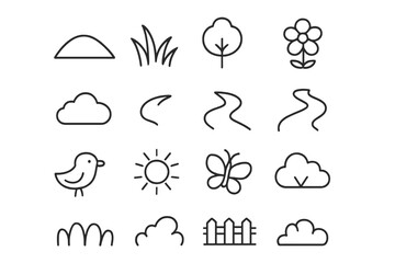 Obraz premium Meadow Icon Set. Meadow landscape. Line icon set of meadow landscape: hill, grass, tree, flower, cloud, river, path, fence, bird, sun, butterfly, bush. All