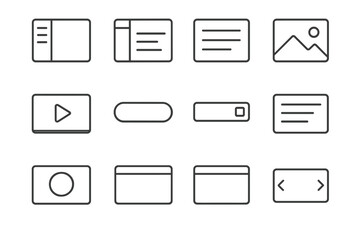 Website Icon Set. Website elements. Line icon set of website elements: navigation menu, sidebar, content block, image placeholder, video placeholder, button,
