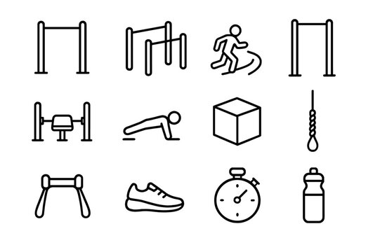 Outdoor Gym Icons. Outdoor gym. Line icon set of outdoor gym: pull-up bar, parallel bars, running track, stretching station, bench press, push-up area, jump