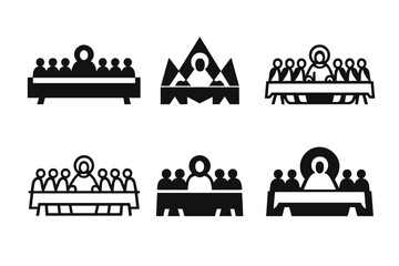 Diverse Last Supper Logos. Last Supper. Icon set. Set Logo of Last Supper: long table with central figure. harmonious logo variations of the same emblematic
