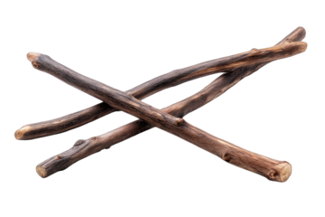 Two crossed wooden sticks, dark brown with lighter streaks