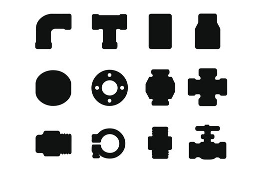 Plumbing Icon Set. Plumbing Connections. Solid icon set of elbow, T-joint, coupler, reducer, cap, flange, union, cross, adapter, clamp, nipple, valve. Filled