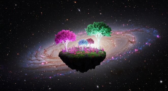 Enchanted garden blooms upon a solitary landmass suspended within a vast spiral galaxy