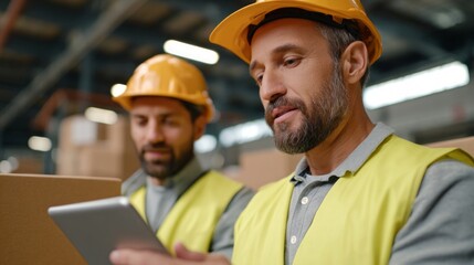Two men in hard hats and safety vests working in a warehouse with cardboard boxes and a smartphone.