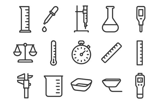 Essential Measurement Tools. Measurement tools. Line icon set of measurement tools: graduated cylinder, pipette, burette, volumetric flask, balance scale,