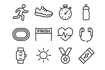 Running Line Icon Set. Running. Line icon set of running: runner silhouette, running shoes, stopwatch, water bottle, track, finish line, heartbeat, music