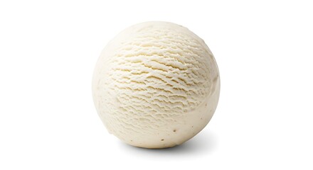 Close up of a single scoop of creamy vanilla ice cream with textured swirls on a white background