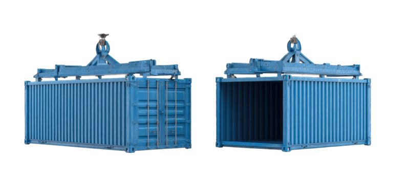 Two light-blue shipping containers, one open, one closed, with lifting mechanisms