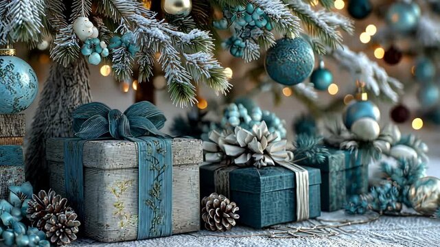 Glowing holiday season: festive turquoise decorations and wrapped gifts under snowy branches - Powered by Adobe